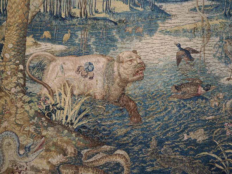 Isola Bella, Italy: Palazzo Borromeo, La Galleria degli Arazzi (The Tapestry Gallery): lioness crossing water, detail (16th century Flemish)