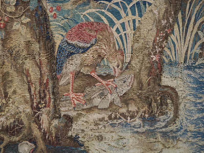 Isola Bella, Italy: Palazzo Borromeo, La Galleria degli Arazzi (The Tapestry Gallery): bird of prey eating fish, detail (16th century Flemish)
