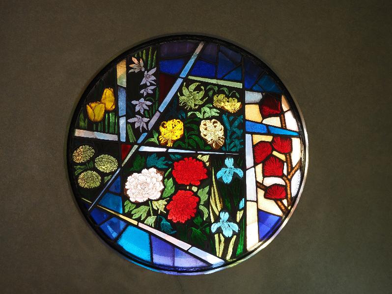 Verbania, Italy: Giardini Botanici di Villa Taranto, chapel: flowers window (ca. 1965, Paolo Rivetta)