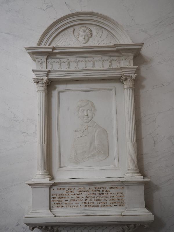 Bellagio, Italy: Villa Melzi, chapel: Carlo Lodovico Melzi d'Eril bas-relief (1871, Gerolamo / Girolamo Oldofredi)