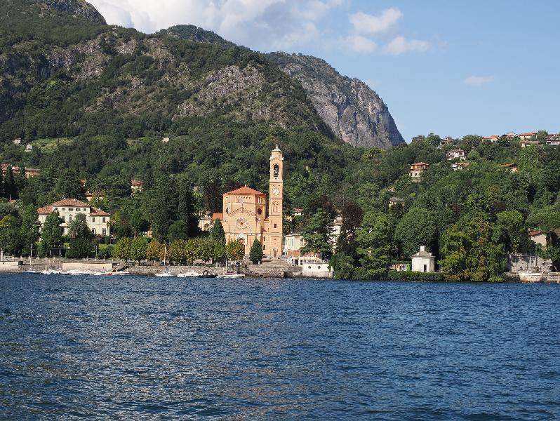 Lake Como, Italy: view of Chiesa San Lorenzo, Tremezzo, from ferry