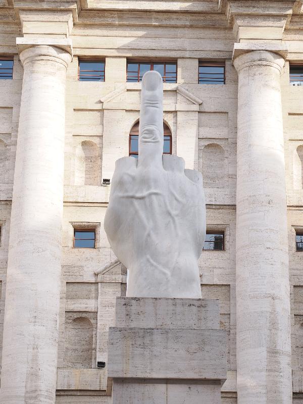 Milan, Italy: Piazza degli Affari: L.O.V.E. (Il Dito / The Finger, 2010, Maurizio Cattelan)