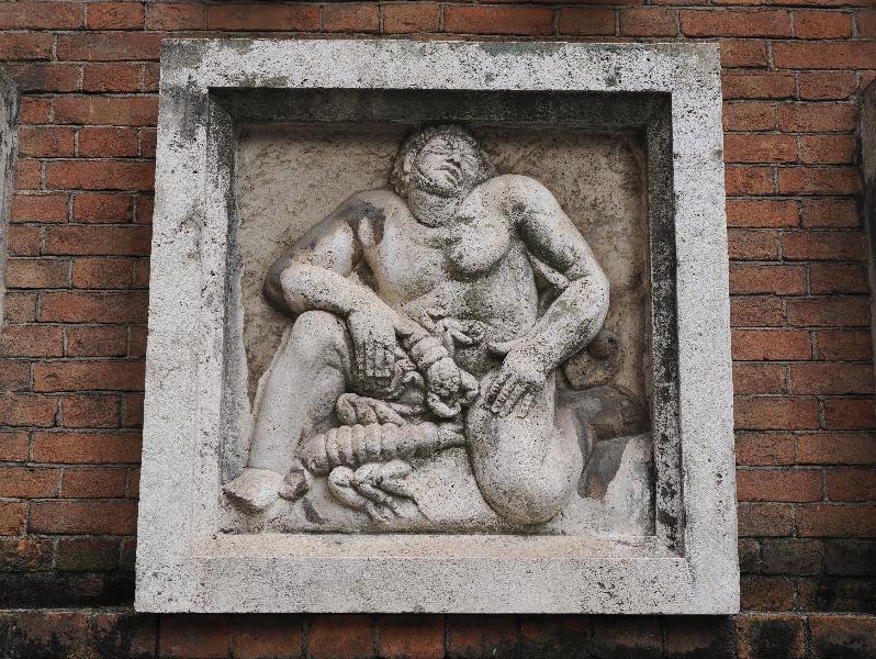 Milan, Italy: Teatro romano: bas relief, Cancer