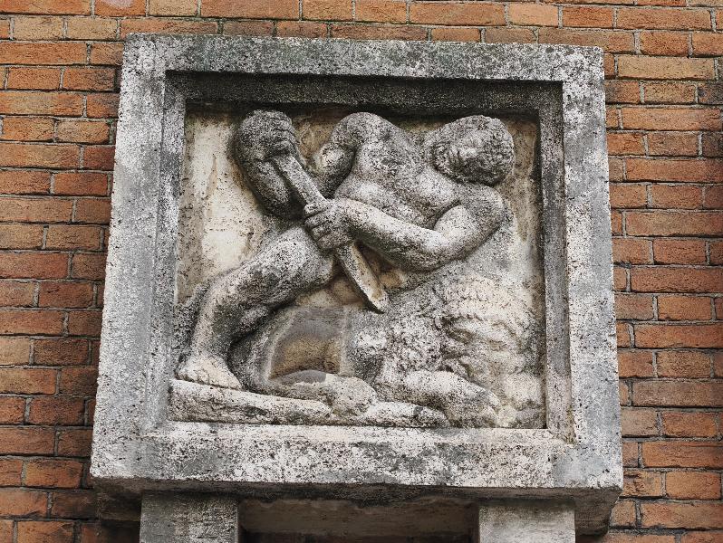 Milan, Italy: Teatro romano: bas relief, Leo