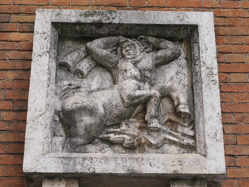 Milan, Italy: Teatro romano: bas relief, Taurus