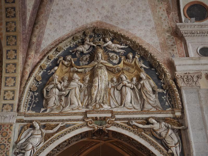 Milan, Italy: Basilica di Santa Maria delle Grazie: nave bas relief, Mary