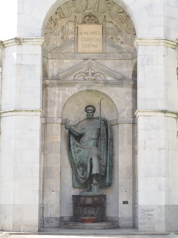 Milan, Italy: Tempio della Vittoria (Temple of Victory, Shrine of the Fallen): Saint Ambrose Stamping on the Seven Deadly Sins (1927-1930, monument architect Giovanni Muzio, sculptor Adolfo Wildt)