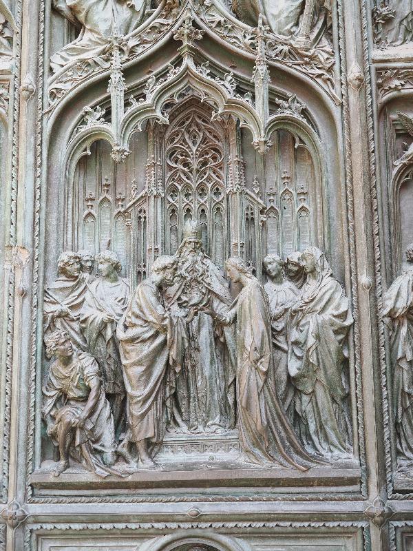 Milan, Italy: Duomo di Milano: central door decoration, Marriage of Mary and Joseph (1906, Ludovico Pogliaghi)