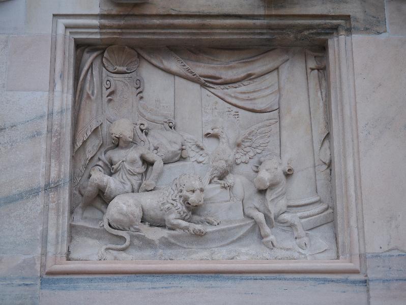 Milan, Italy: Duomo di Milano: bas relief, tetramorph, symbols of the four Evangelists