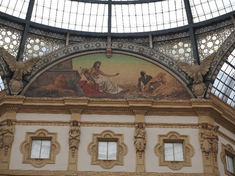 Milan, Italy: Galleria Vittorio Emanuele II: center, corner decoration, Africa lunette mosaic