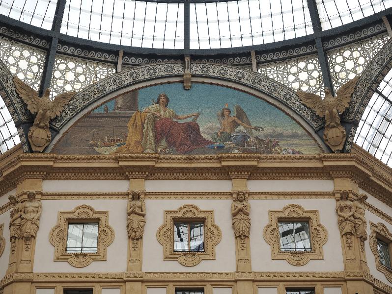 Milan, Italy: Galleria Vittorio Emanuele II: center, corner decoration, Europe lunette mosaic