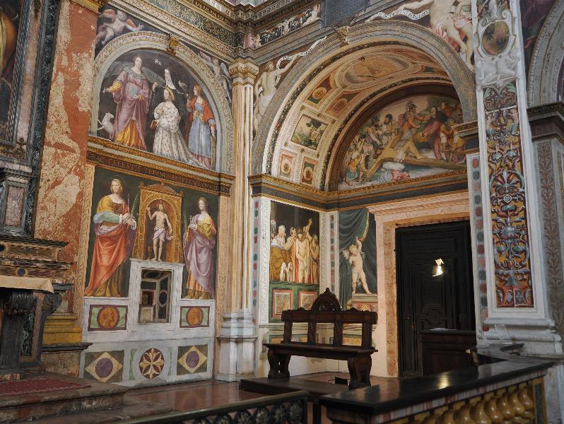 Milan, Italy: Chiesa di San Maurizio al Monastero Maggiore: Chapel of the Deposition (Bentivoglio), Saints Agnes, Scholastica and Catherine of Alexandria, with a devotee; Saints Apollonia and Lucy; Ecce Homo; Nailing Christ to the Cross