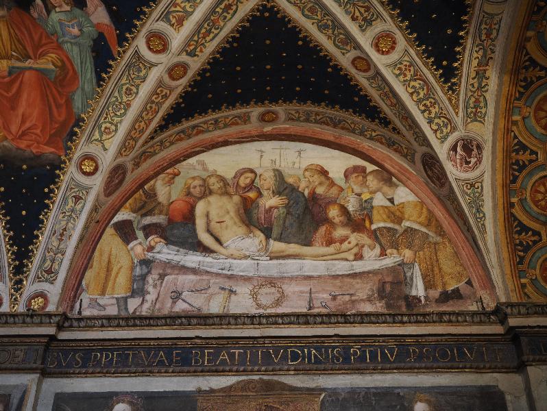 Milan, Italy: Chiesa di San Maurizio al Monastero Maggiore: Jesus lying on the anointing stone with the Instruments of the Passion before him