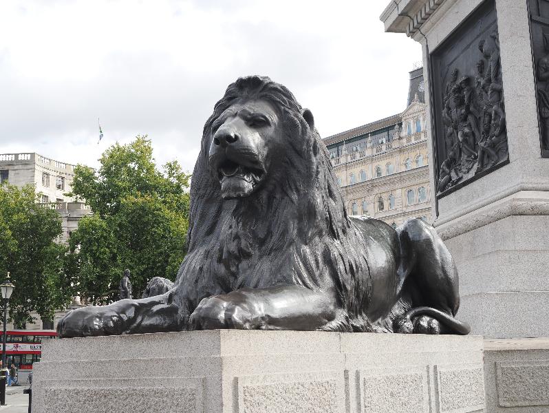 London, England: Trafalgar Square: lion (1867, designed by Edwin Landseer, made by Baron Carlo Marochetti)