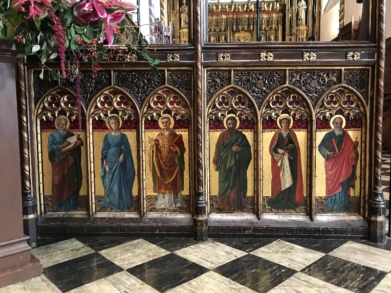 London, England: St Paul's Knightsbridge: rood screen, religious figures (1892, architect G F Bodley)