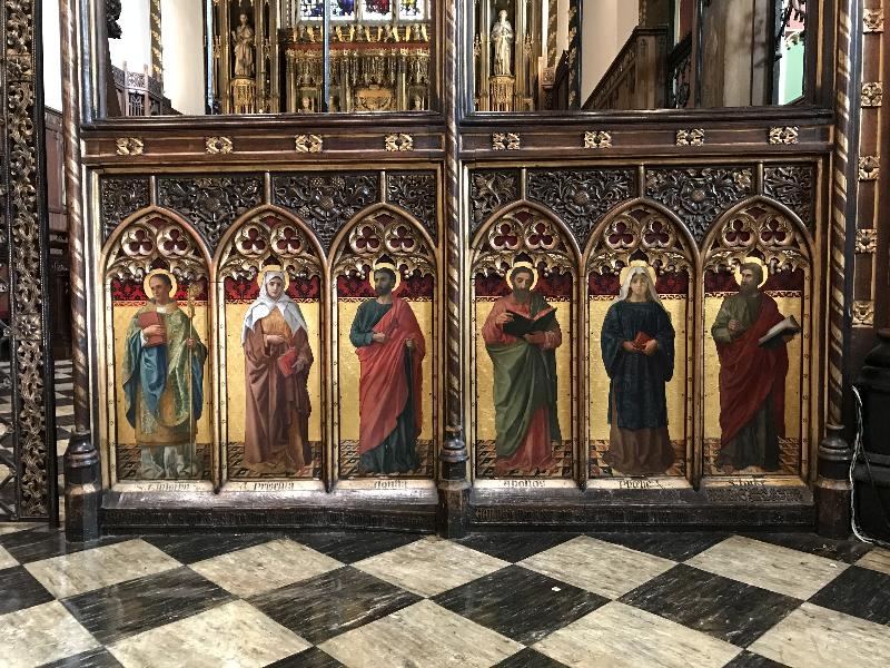 London, England: St Paul's Knightsbridge: rood screen, religious figures (1892, architect G F Bodley)