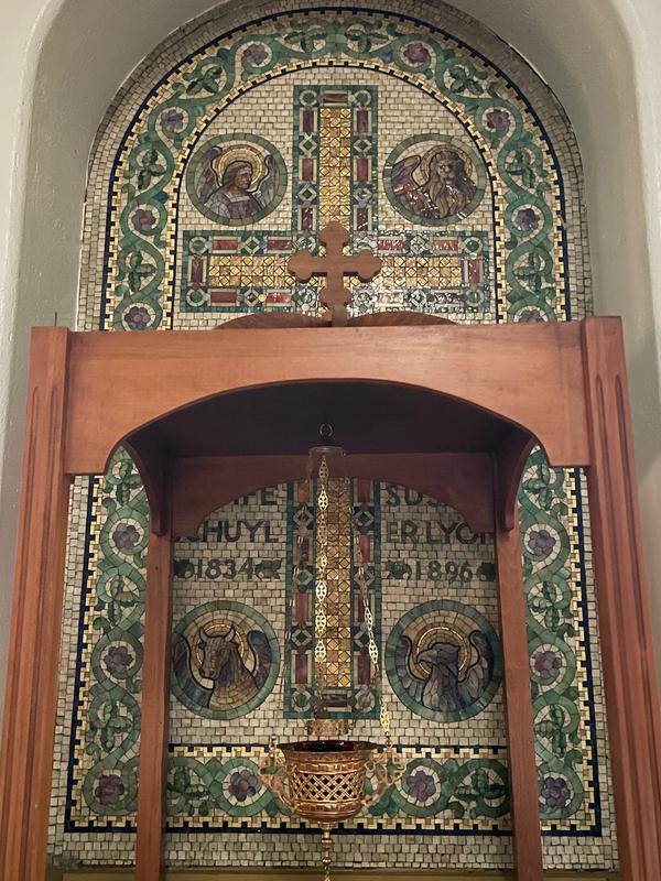 Lyon Memorial Tablet:  mosaic tablet with a cross and four symbolic figures of the man, the eagle, the ox and the winged lion