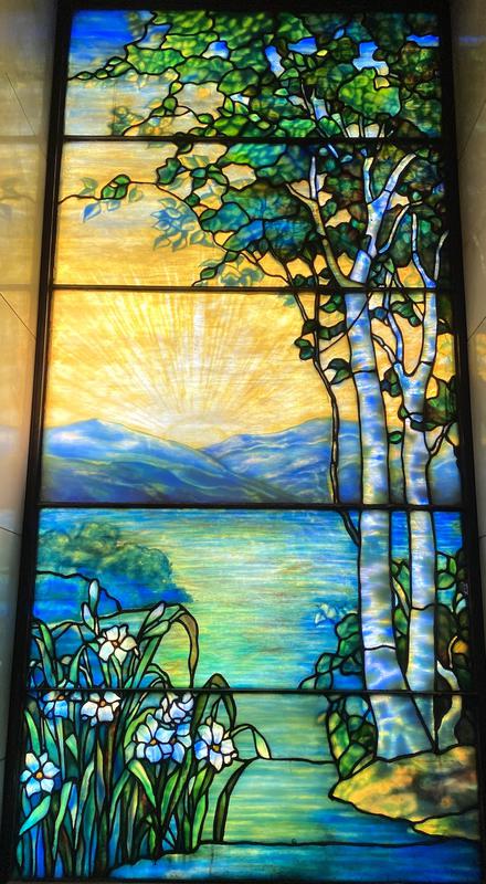 Milton S. Florsheim Memorial Window:  landscape with birch tree at right, mountains and water