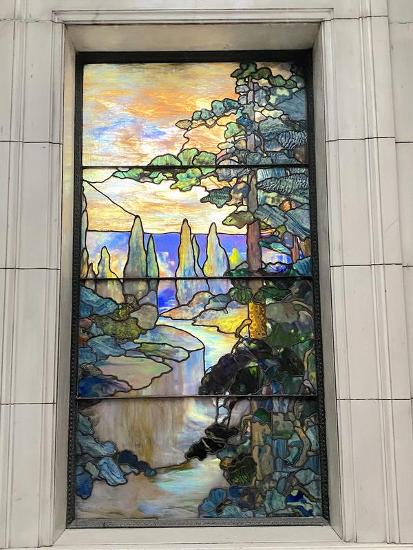 Sears Memorial Window:  landscape with conifers and water