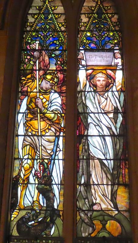 Farley Memorial Window:  symbols of Farley's courage and good counsel