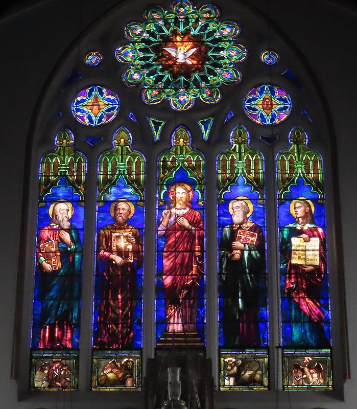 Moore Memorial Window:  Our Lord, Four Evangelists, The Holy Spirit, Alpha and Omega