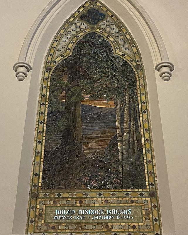 Backus Memorial Mosaic:  landscape, with mountains and a lake in the background, with pines and white birch trees in the foreground