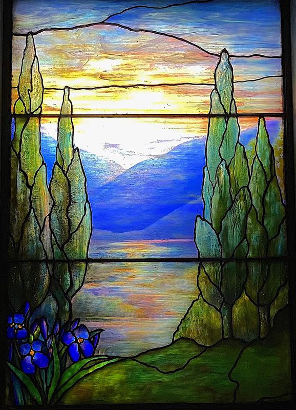 Thompson Memorial Window:  landscape with mountains, cypresses and irises