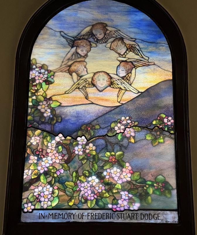Dodge Memorial Window:  landscape and cherubs' heads