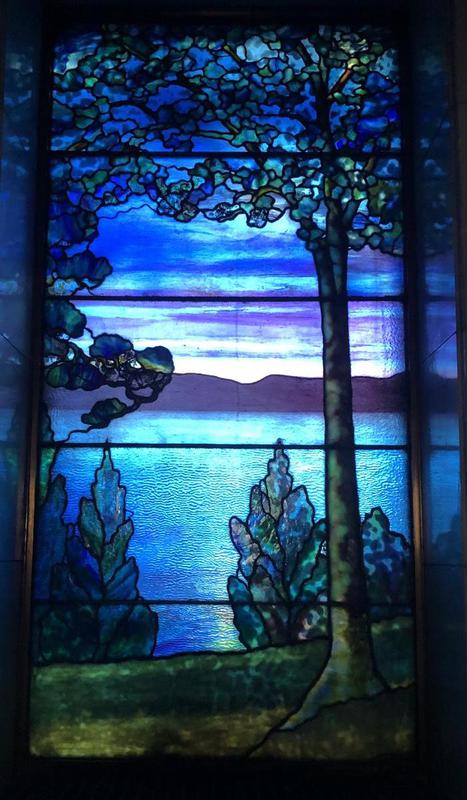 Hirst Memorial Window:  landscape with trees, mountains and lake