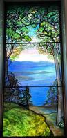 Illinois, Chicago, Rosehill Cemetery, Community Mausoleum: Defrees Memorial Window:  landscape with trees, mountains and water