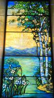 Illinois, Chicago, Rosehill Cemetery, Community Mausoleum: Milton S. Florsheim Memorial Window:  landscape with birch tree at right, mountains and water