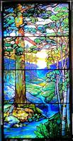 Illinois, Chicago, Rosehill Cemetery, Community Mausoleum: Wolf - Silberman Memorial Window:  landscape with forest, mountains and stream