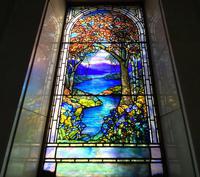 Illinois, Chicago, Rosehill Cemetery, Community Mausoleum: J. Rose Stern Memorial Window:  landscape with trees at left and right, mountains and water