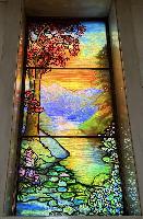 Illinois, Chicago, Rosehill Cemetery, Community Mausoleum: Bamberger Memorial Window:  landscape with tree at left, mountains and water