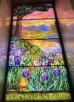 Illinois, Chicago, Rosehill Cemetery, Community Mausoleum: L.E. Block Memorial Window:  landscape with conifer at left, mountains, water and irises