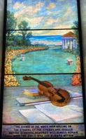 Illinois, Chicago, Rosehill Cemetery, Community Mausoleum: Dalmar Memorial Window:  garden with gazebo on a lake shore, with a violin