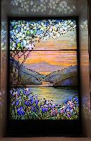 Illinois, Chicago, Rosehill Cemetery, Community Mausoleum: Hills Memorial Window:  landcape with magnolia at left, mountains, water and irises