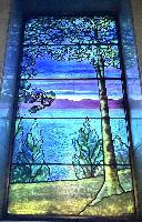 Illinois, Chicago, Rosehill Cemetery, Community Mausoleum: Hirst Memorial Window:  landscape with trees, mountains and lake