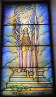 Illinois, Chicago, Rosehill Cemetery, Community Mausoleum: Florsheim Memorial Window:  archangel with torch and flag