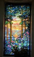 Illinois, Chicago, Rosehill Cemetery, Community Mausoleum: R.L. Williams Memorial Window:  landscape with trees, mountains and azaleas