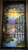 Illinois, Chicago, Rosehill Cemetery, Community Mausoleum: Schram Memorial Window:  landscape with conifers at left, birch trees at right, mountains and water