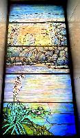Illinois, Chicago, Rosehill Cemetery, Community Mausoleum: Taylor Memorial Window:  landscape with bridge, pond and waterlilies