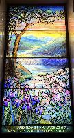 Illinois, Chicago, Rosehill Cemetery, Community Mausoleum: Vehon Memorial Window:  landscape with mountains, water, irises and lilies