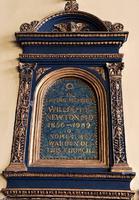 Newton Memorial Tablet: tablet with blue lustre favrile glass with inscription in gold mosaic Newton Memorial Tablet: tablet with blue lustre favrile glass with inscription in gold mosaic