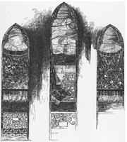 New Jersey, Newark, Park Presbyterian Church: Howell Memorial Window:  curtains with flowered designs, and a clouded sunset sky